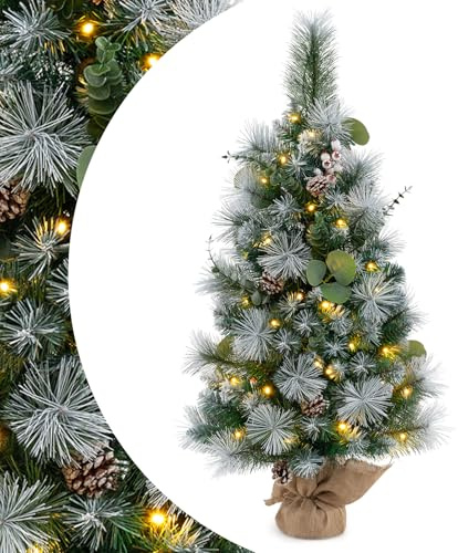 SPOTRAVEL Pre-lit Mini Christmas Tree, 60CM/90CM Tabletop Artificial Christmas Tree with LED Lights, Dense Branches & Base, Indoor Small Decorative Xmas Pine Trees (Green With 30 Lights, 3ft)
