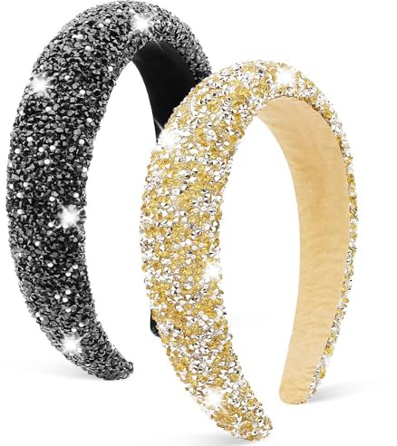 2 Pièces Serre Tete Femme Paillette Serre-Tête con Strass Bandeaux Cheveux Pailleté pour Filles Mode Brillant Headband pour Noël Fête du Nouvel An Carnaval Mariage Tous les Jours (Or Noir)