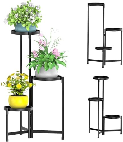 Eirolace Blumenständer Metall mit 3 Ebenen, Pflanzenständer Metall mit 10 Zoll breiter Tablett, Platzsparender Blumenhocker für Zimmerecke, Wohnzimmer, Balkon, Terrasse, Hof (Schwarz)