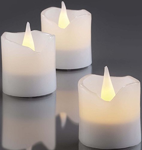 hellum LED Wachskerzen 6 Stück, Ø 5cm x 5cm hoch, weiße LED Kerzen flackernde Flamme, Kerzen mit Batterien (6xCR2032 inkl.), Weihnachtsbeleuchtung Deko, Echtwachs 572100