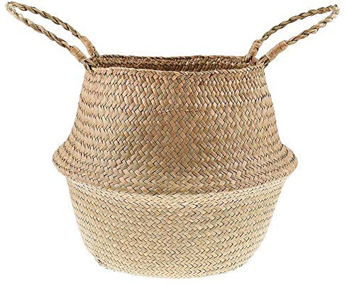 Panier en Jonc de Mer Seagrass, Cache-Pots Ronds en Jonc de Mer Panier Plante Seagrass Paniers à Linge, Organisateur de Jouets, Pliable Avec Poignée(38cm x 33cm)