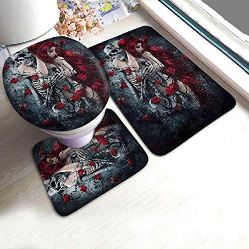 LAOLUCKY Totenkopf-Skelett Hug Lovers Eterna Love WC Set 3-teilig Badezimmer Set Matte Rutschfest U-förmiger Konturteppich WC Deckelbezug Memory Foam Badteppiche