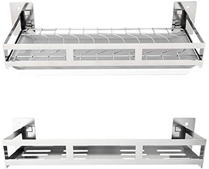 TentHome Abtropfgestell Abtropfgitter Geschirrabtropfer mit Abtropfschale Edelstahl Multifunktions-Geschirrtrockner Wandmontage Küchenregal zum Aufhängen von Utensilien (2 Stück Set)