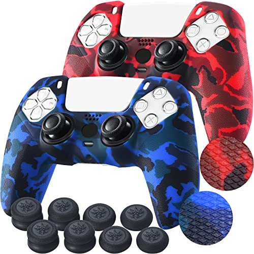 YoRHa Studded Drucken Silikon Hülle Abdeckungs Haut Kasten für PS5 Controller x 2 (Rot+Blau) Mit Pro Aufsätze Thumb Grips x 10