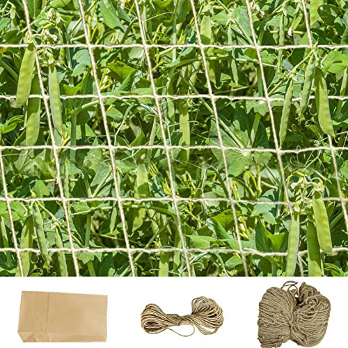 KAZITOO Plant Support Jute Netting for Climbing Plants Sweet Pea Runner Bean, Compostable Natural Netting with 10m Twine for Attaching, Garden Jute Trellis(1mx5m)