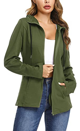 Aottori Damen Basic Sweatjacke mit Kapuze Einfarbig Kuschelig Dünn Zip Hoodie Kapuzenjacke Sweatshirt-Jacke Armeegrün S