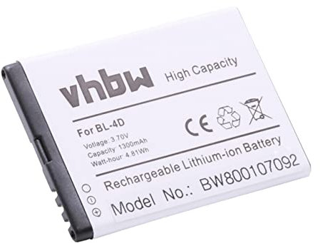 vhbw Battery Replacement for Nokia BL-4D for Mobile Phone Smartphone (1300mAh, 3.7V, Li-Ion)