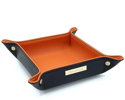 Doro von Hagen® Premium Edition echt Leder Taschenleerer 20x20cm, Designer Schlüsselschale aussen Schwarz, innen Semi-Anilin Rindleder Orange. Handgefertigt in unserem Atelier
