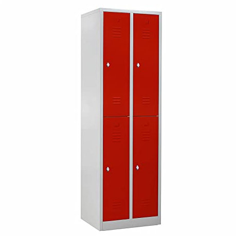 Schrank & Stuhl Spind – Metallspind mit 2 x 2 Abteilen 195 x 60 x 50 cm, Schließfachschrank mit Drehriegelvorrichtungen, Lieferung komplett montiert, Grau/Rot