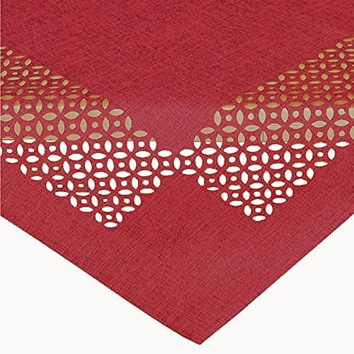 Tischdecke Mitteldecke Tischläufer Kissenhülle Leinenoptik dunkelrot meliert mit dekorativer Lochstanzung Durchbrochene Ornamente (85 x 85 cm)