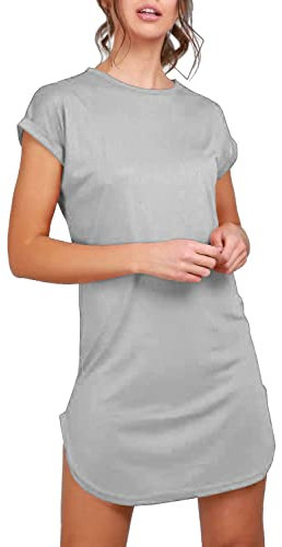 Fashion Star Womens Curved Hem Turn Up Cap Sleeve Tunic T-Shirt Mini Dress Plain Grey M/L (UK 12/14)