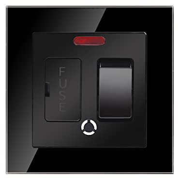 CNBINGO Glass Switched Fused Connection Unit with Red Power Indicator, Rocker Spur Switch with Ceramic Tube Cartridge Fuse (BS1362, 6.3x25 mm), Black Glass Wall Plate