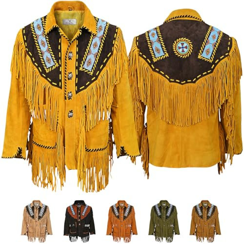 German Wear Herren Lederjacke Western Indianer Stil Traditionelle Reitjacke aus Rindsleder