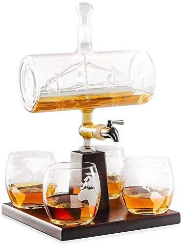 Portabottiglie Decanter Whisky Decanter Whisky con Bicchieri -1100ml Barrel Whisky Caraffa Set Decanter Alcol, con 4 Bicchieri Whisky, per Brandy Vino Cognac Rum Gin