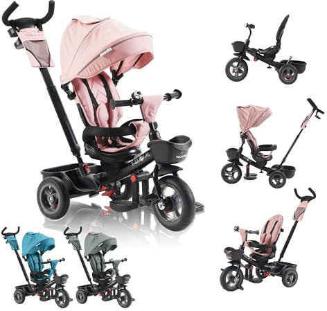 FableKids Noemi Tricycle 5 en 1 avec barre de poussée à partir de 18 mois jusqu'à 25 kg, marche avant et arrière, pneus PU, roue libre spacieuse, panier, sac, porte-gobelet - Rose