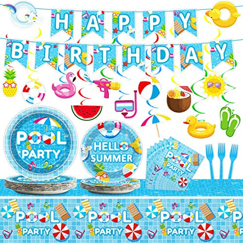 Pool Party Tableware Set Beach Party Banner Summer Themed Plates Tablecloth Beach Ball Birthday Party Decorations