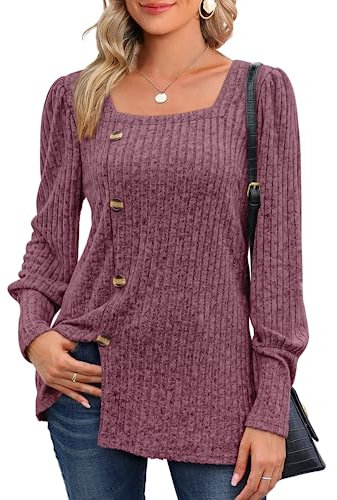 Aokosor Ladies Jumpers Womens Long Sleeve Tops Lightweight Tunic Square Neck Button Tops Fuchsia Size 14-16