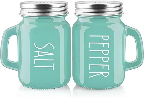 Juego de salero y pimentero turquesa – Decoración de cocina verde azulado y accesorios para el hogar, restaurantes, bodas. Juego de sal y pimentero de vidrio para mesa de cocina, RV, barbacoa, fácil