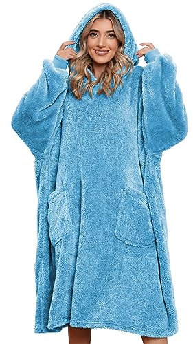 Tuopuda Hoodie Sweatshirt mit Kapuze Damen Herren Übergroße, Kapuzenpullover Pullover Langarm Riesen Hoodie Decke mit Ärmeln, Geschenk für Frauen Männer Oversized Pulli mit Taschen Winter, Blau