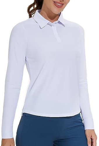 M MOTEEPI Womens Golf Shirt Long Sleeve UPF 50+ Quick Dry Athletic Polo Tennis Tops Sun Protection with 3-Button, White, S