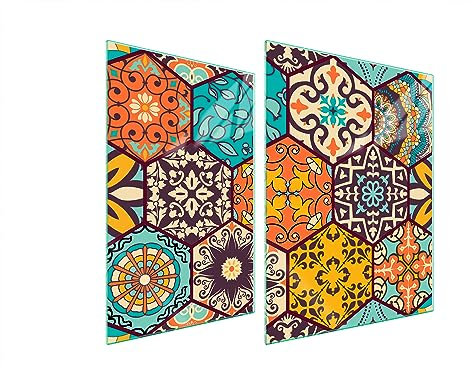 TMK ArtDeko Tabla de cortar decorativa de cristal templado y cubre vitro, Placa protectora de vitrocerámica 70 x 52 cm 2 piezas, para inducción, protección contra salpicaduras, Mosaico