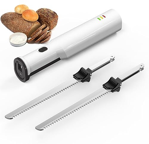 HYQNG Electric Cordless Slicer Knife with 2 Serrated 8” Stainless Steel Blades & Safety Lock Trigger Release, for Meats, Poultry, Bread