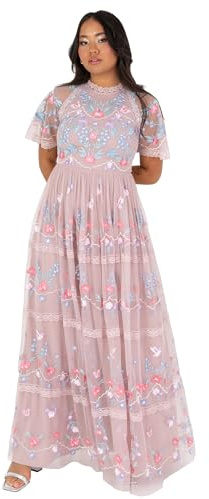 Maya Deluxe Damen Women's Ladies Maxi Dress Short Sleeve Round Neck Floral Embroidered Tulle Lace Trim A-line Wedding Guest Prom Ball Gown Kleid