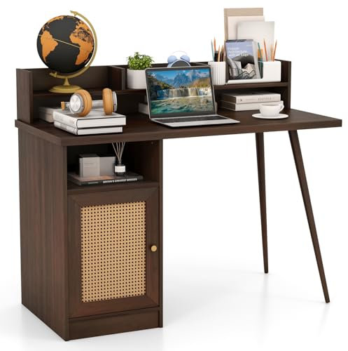 COSTWAY Computer Desk, 120cm Mid Century Writing Study Desk with Hutch, PE Rattan Cabinet and Shelves, Compact PC Laptop Workstation for Home Office (Walnut)