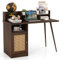 COSTWAY Computer Desk, 120cm Mid Century Writing Study Desk with Hutch, PE Rattan Cabinet and Shelves, Compact PC Laptop Workstation for Home Office (Walnut)