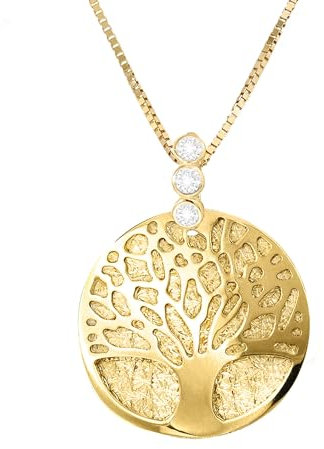 Lucchetta - Collier avec pendentif Arbre de la Vie avec 3 Saphirs | Or Jaune 14 carats | chaîne longue 45 cm pour Femme Fille