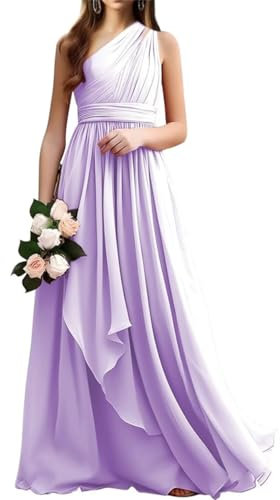 WSEYU Vestidos de dama de honor de un hombro largo de gasa fruncida con volantes formales vestido de graduación, Lila, 36