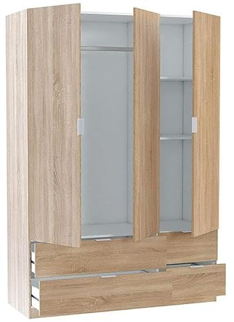 HABITMOBEL Armario de Dormitorio Ropero 3 Puertas + 4 Cajones Inferiores, Armario Habitación Dormitorio, Medidas: 200 cm (Alto) x 135 cm (Ancho) x 52 cm