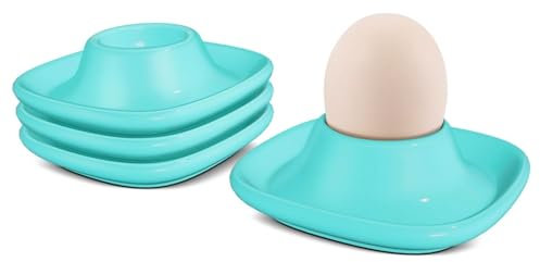 Flexzion Soft Boiled Egg Holder Set - 4-Piece Blue Ceramic Egg Cup, Stackable Egg Coddler Cups with Base for Serving, Breakfast, Brunch - Kitchen Table Decor, Blue