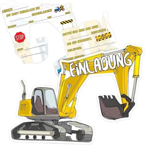 Werfunee - 12er Einladungskarten Kindergeburtstag Junge - 14 x 11.5 cm Excavator Einladungskarten Geburtstag - Einladung Kindergeburtstag Junge - Geburtstagseinladungen Junge