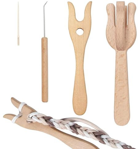 Fukamou Strickgabel Aus - 4-teilige Geflochtene Werkzeuge Für -Strickarbeiten,Tragbares Strickgabel-Set Mit -Großer Öhrnadel, Holzgabelflechter Und Lucet-Gabel-Häkelset Für Die