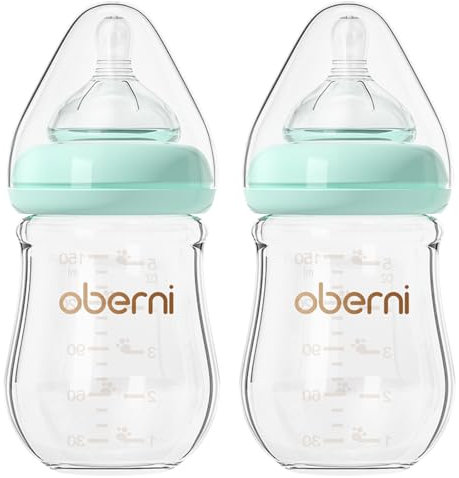 Oberni Babyflaschen aus Glas mit Silikon Sauger Größe 1, Milchflasche Weiter Öffnung, Babyflasche mit Anti-Colic-Ventil für Neugeborene Babys ab 0+ Monate, 150ml, Blau, 2 Stück
