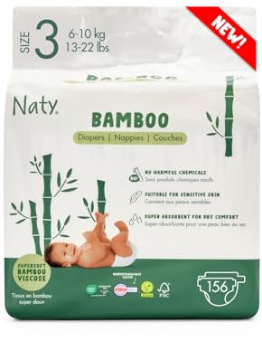 Naty Bamboo - Couches pour Bébé en fibres de viscose de bambou – Douceur soyeuse, Couches à base de plantes, Testées dermatologiquement pour peau sensible et super absorbantes (Taille 3, 156 unités)
