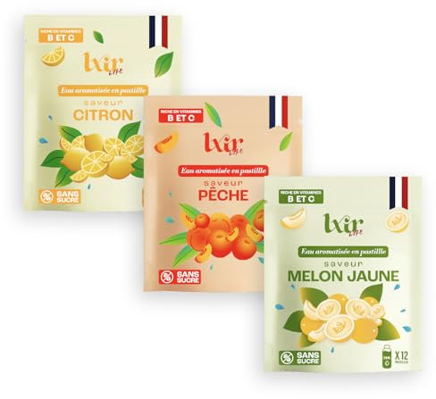 LXIR DRINK - Eau aromatisée en pastille sans sucre - Boisson multivitamines - Riche en vitamines C et B - Hydratation quotidienne - Beauté de la peau (1 unité (Lot de 36), Citron/Pêche/Melon)