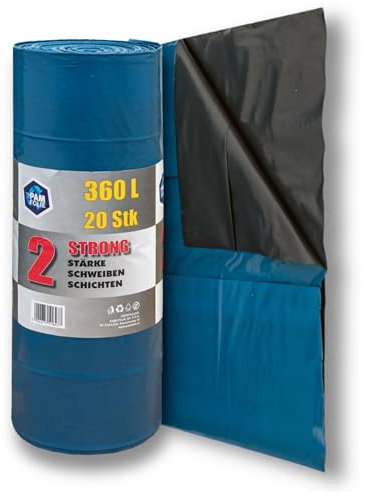PAM-FOLIE Sacs poubelle 360L - 20 pièces - grands sacs épais - 120x135cm - double épaisseur - noirs, bleus sacs - pour déchets de chantier
