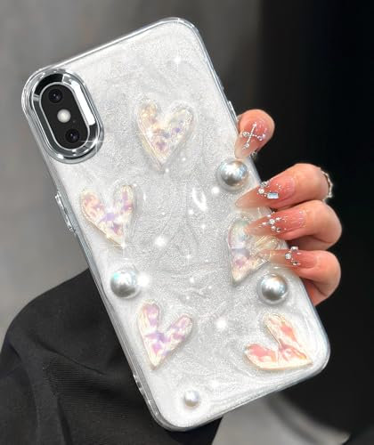 Toycamp for iPhone Xs Case, for iPhone X Case - Women Girly Girls Glitter Phone Cover Kawaii Sparkle Bling Shine Aesthetic Pretty Unique Wave Design Funda for Apple Xs/X, Heart