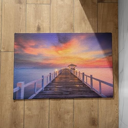 Ethereval Fußmatte Innen rutschfest Mit Lustigen Motiven Fussmatten Haustür Innen Dünn Bunt Holzbrücke Meeresdämmerung Abtreter Fußmatte Innen Türmatte Vintage 40X60cm