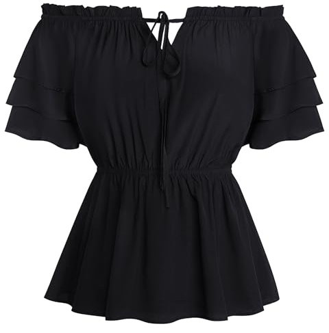 Damen Cottagecore Carmenbluse Einfarbig Elastische Taille Fairy Shirt Schwarz XL