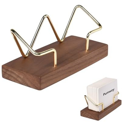 Porta biglietti da visita con base in legno, supporto per biglietti da visita in metallo, espositore per ufficio e reception (noce con cornice dorata), confezione da 1