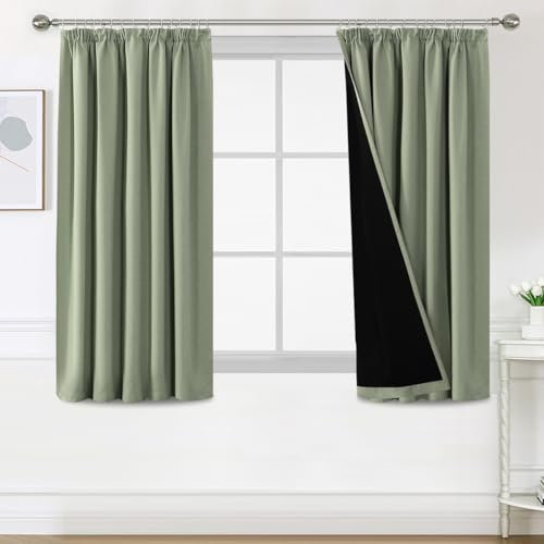 H.Versailtex 100% Blackout Curtains for Bedroom, Pencil Pleat Black Out Living Room Curtains Super Soft Thermal Insulated Curtain Pair Panel with Tiebacks, W46x L54 Inch, 2 Panels, Light Sage