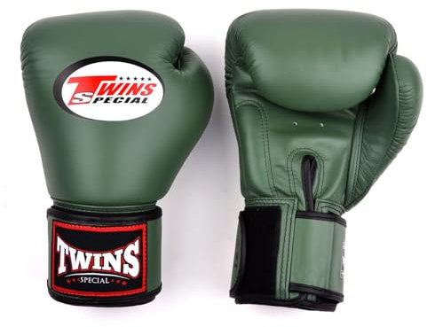 Twins Special BGVL4 Leather Boxing Gloves, Hook & Loop Closure, For Muay Thai, Boxing, Kickboxing & MMA Training & Sparring (Olive Green, 14oz)