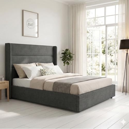 OAT Home Wilmslow Ottoman Storage Upholstered Bed Frame Winged Headboard Charcoal/Natural - Double/King Size (Charcoal Grey, King (U.K. Standard))