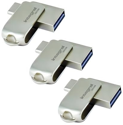 Integral 3 Pack 32GB 360-Dual USB 3.2 Gen 1 Type C and Type A Flash Drive with Solid Metal Casing, Fast Transfer Speeds and Simply Plug and PlayIPhone 15, 16 series, Macbook Pro/Air and Ipad Pro
