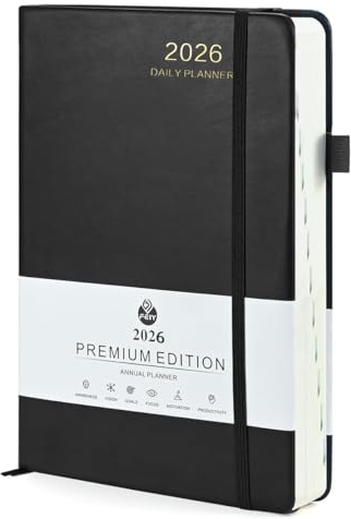 Kalender 2026 Buchkalender A5 1 Tag eine Seite, Schwarz 2026 Terminplaner mit Tabs & Notizen, Hardcover, Stifthalter, 2 Lesezeichenband, Planer 25 Tagesplaner 1 Tag pro Seite