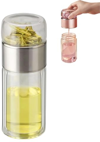 Tryteava Glass Infuser, 3-in-1 Smart Tea Infuser with Double-Walled Glass and Stainless Steel Filter, Leak-Proof Portable Tea Maker for Loose Leaf, Home & Travel (Silver, 350ml)