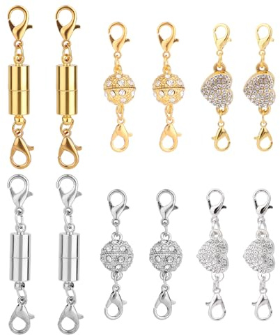 Mikovivi 12st Magnetiskt Smyckesspänne, Guld och Silver Magnetiska Halsbandsförlängare med Dubbelt Karabinlås Hjärtformade Kulformade och Cylindriska Kopplingar Smyckeslås för Armband Halsband